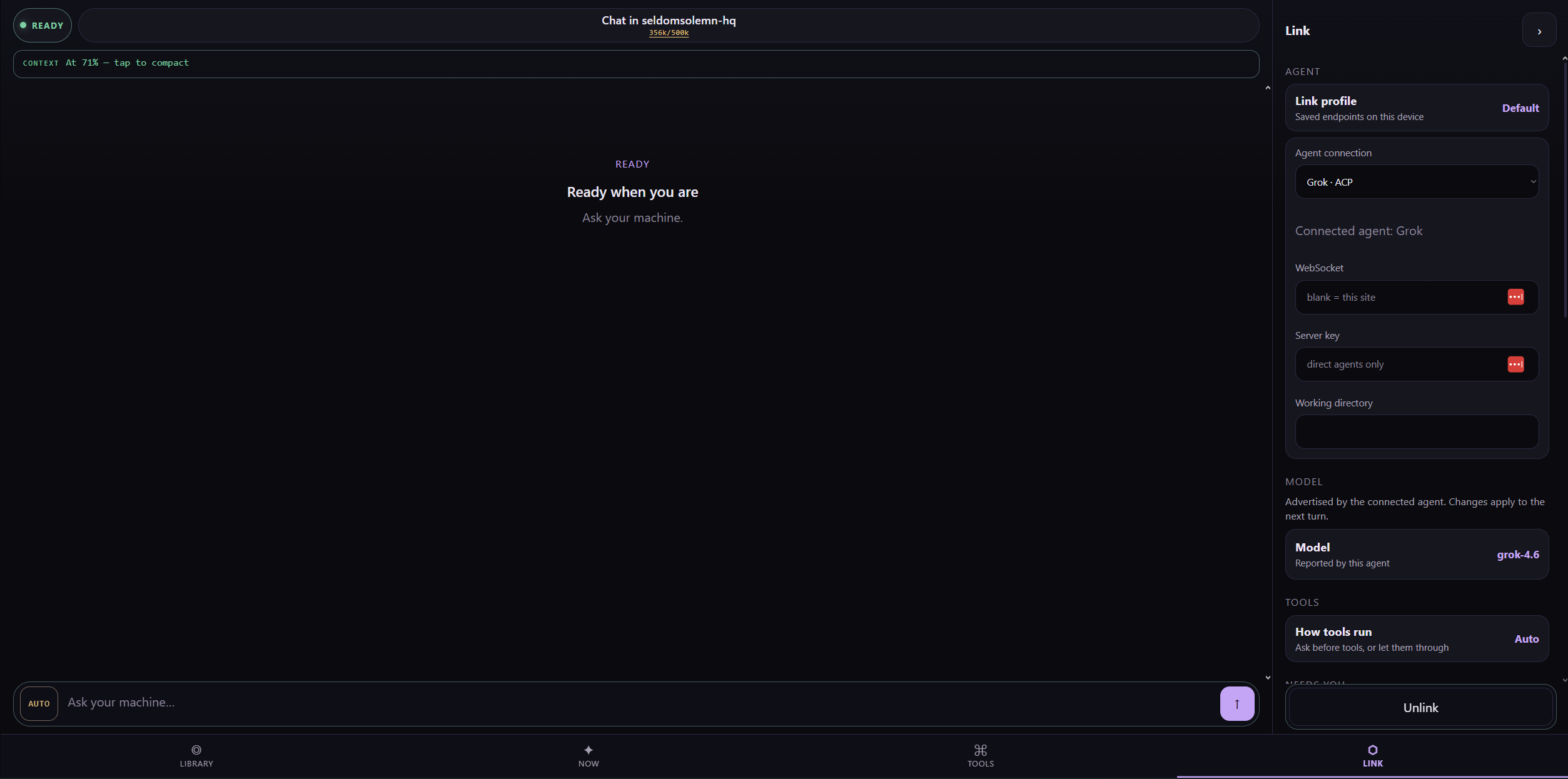 Disconnect desktop interface with a chat workspace and Grok agent connection panel.