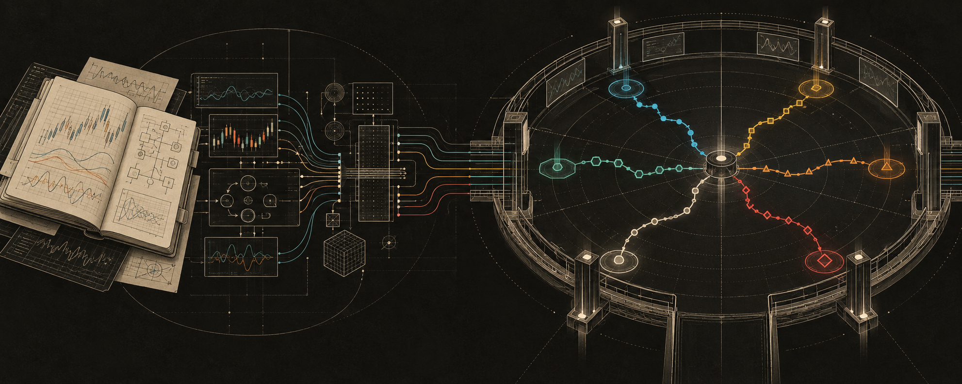 A research notebook and indicator charts feeding a circular arena of competing trading paths.